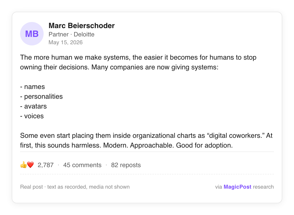 Marc Beierschoder, Deloitte partner, LinkedIn video post of 15 May 2026 on companies giving AI systems names, avatars and org-chart seats as digital coworkers, 2,787 likes