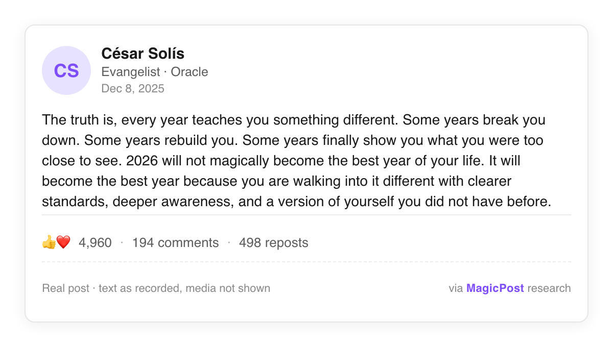Post card: César Solís, Oracle evangelist, "Some years break you down. Some years rebuild you. Some years finally show you what you were too close to see." 4,960 likes, December 8, 2025
