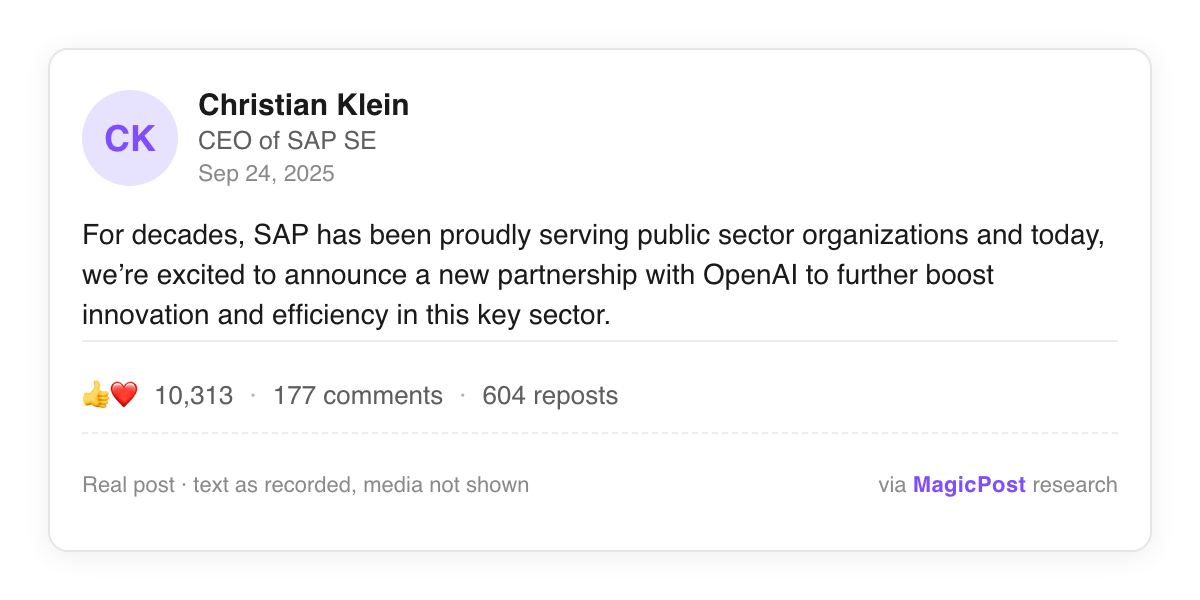 Post card: Christian Klein, SAP CEO, "For decades, SAP has been proudly serving public sector organizations and today, we're excited to announce a new partnership with OpenAI to further boost innovation and efficiency in this key sector." 10,313 likes, September 24, 2025