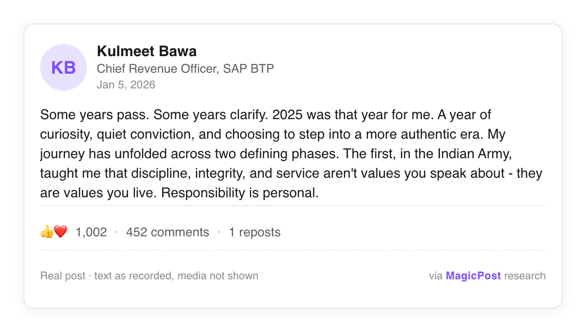 Post card: Kulmeet Bawa, Chief Revenue Officer, SAP BTP, "Some years pass. Some years clarify. 2025 was that year for me. A year of curiosity, quiet conviction, and choosing to step into a more authentic era." 1,002 likes, 452 comments, January 5, 2026