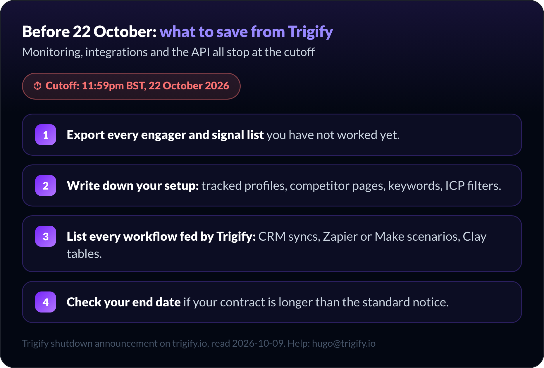 Checklist antes del corte de Trigify, el 22 de octubre de 2026 a las 23:59 (hora de Londres): exporta cada lista de personas y señales, apunta tu configuración, enumera cada flujo que alimenta Trigify, comprueba tu fecha de fin